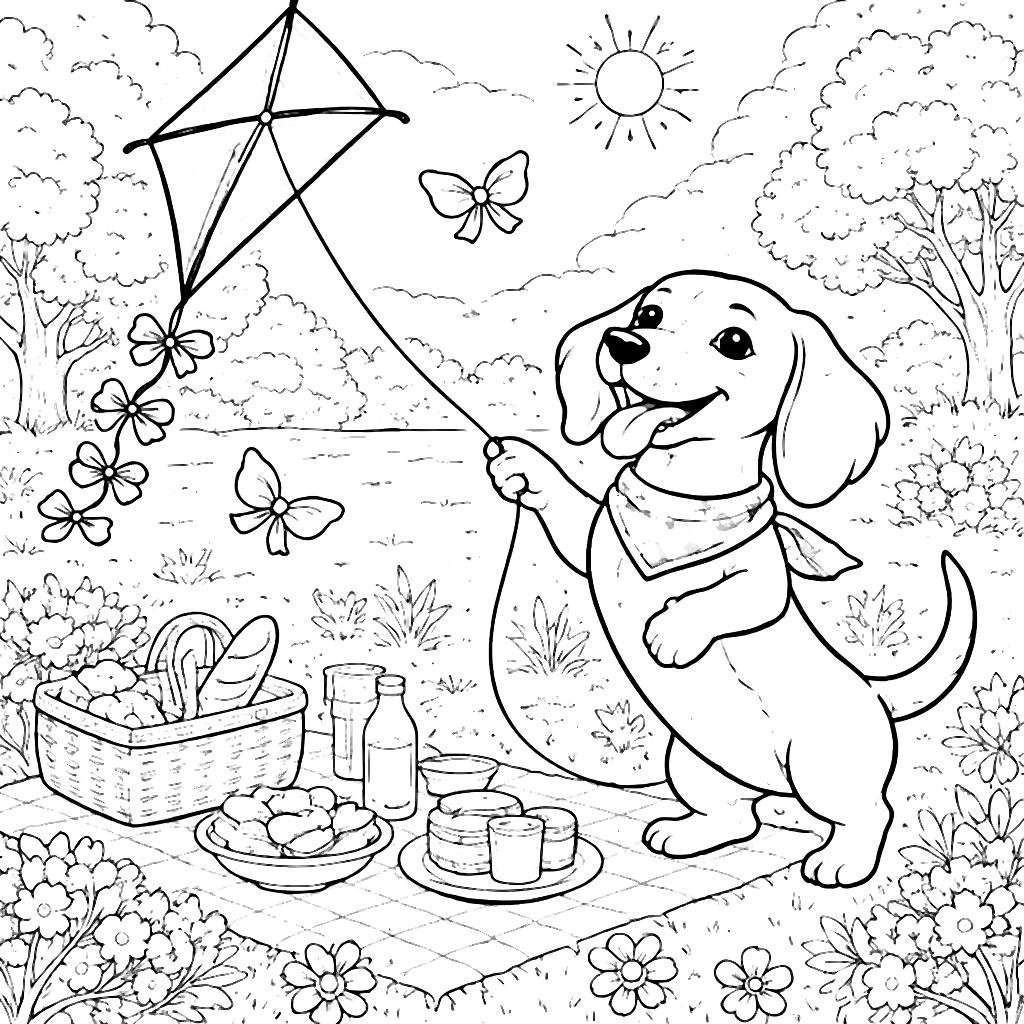 Dachshund s lietajúcim drakom – omaľovánka – omaľovánka na tlač