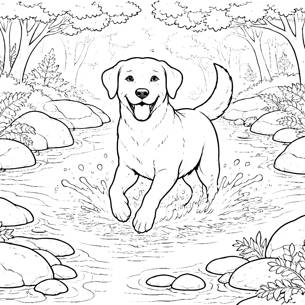 Labrador Retriever: Veselý pes v slnečnej prírode – omaľovánka na tlač