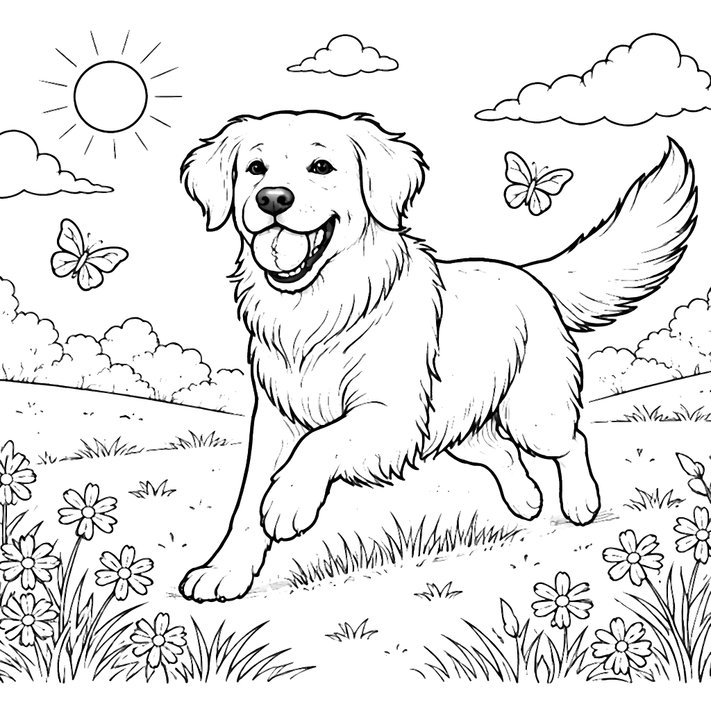 Zlatý retriever sa hrá s loptou na farebnej stránke – omaľovánka na tlač