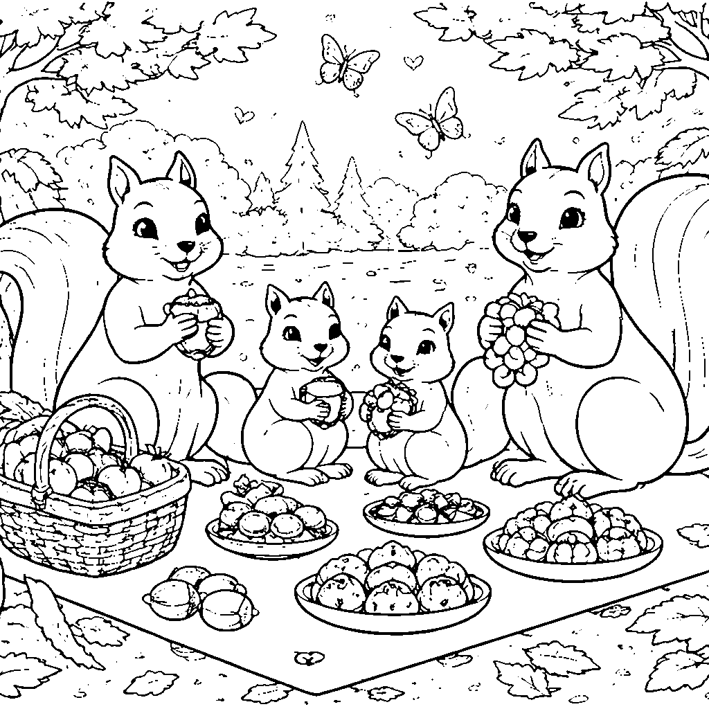 En glad familj av ekorrar på picknick