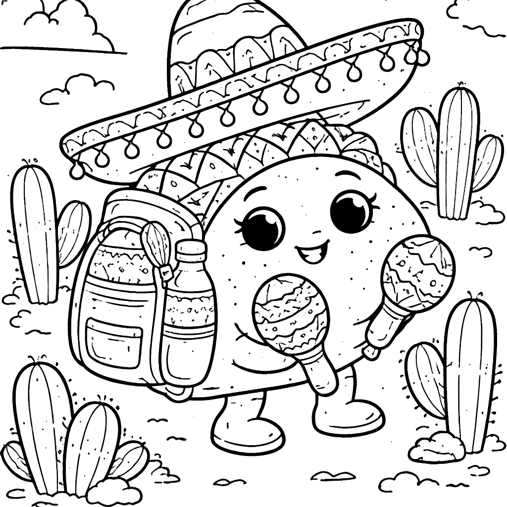 En smart taco med ryggsäck full av salsa – målarbild att skriva ut
