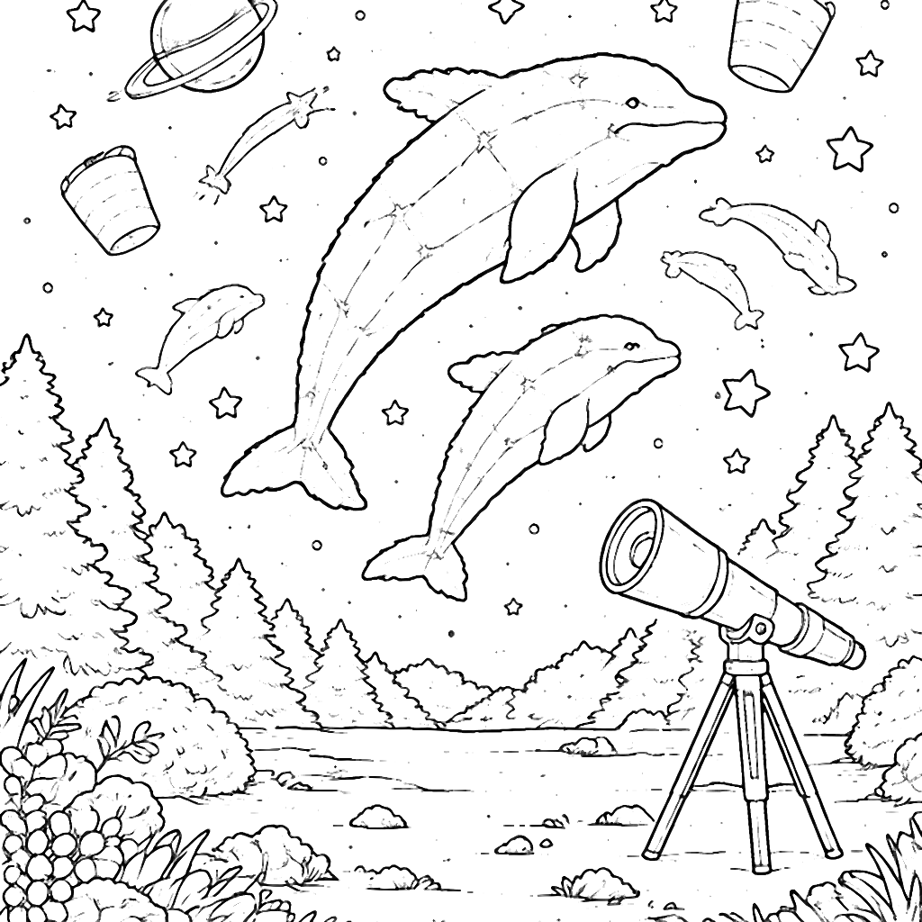 Färglägg delfinkonstellationen i natthimlen – målarbild att skriva ut