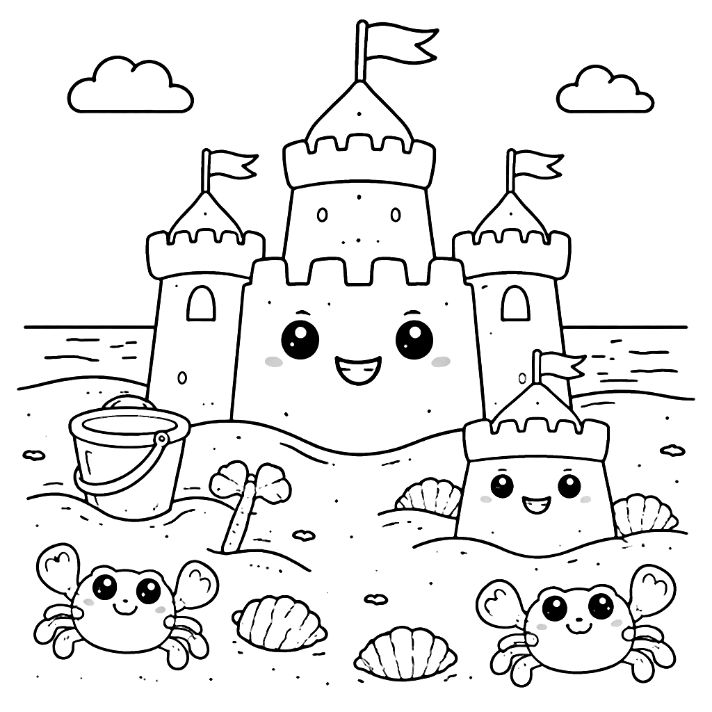 Färglägg din egen sandcastle med krabbor och snäckor – målarbild att skriva ut