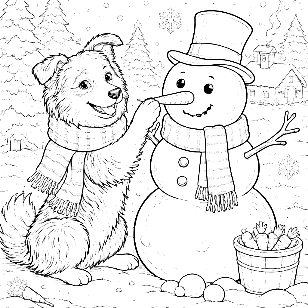 Färglägg en Border Collie som bygger en snögubbe