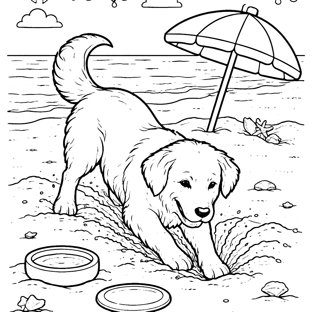 Färglägg en Golden Retriever på stranden – målarbild att skriva ut