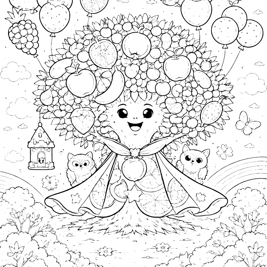 ต้นไม้สดใสประดับผลไม้หลากสีสัน - สีภาพ – ภาพระบายสี พิมพ์