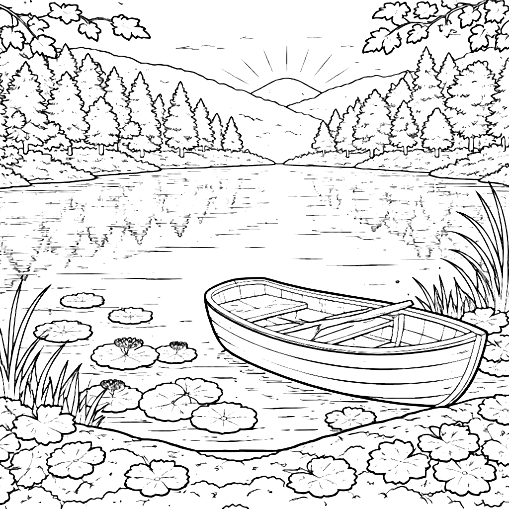Autumn Colors: A Serene Lakeside Coloring Page – ภาพระบายสี พิมพ์