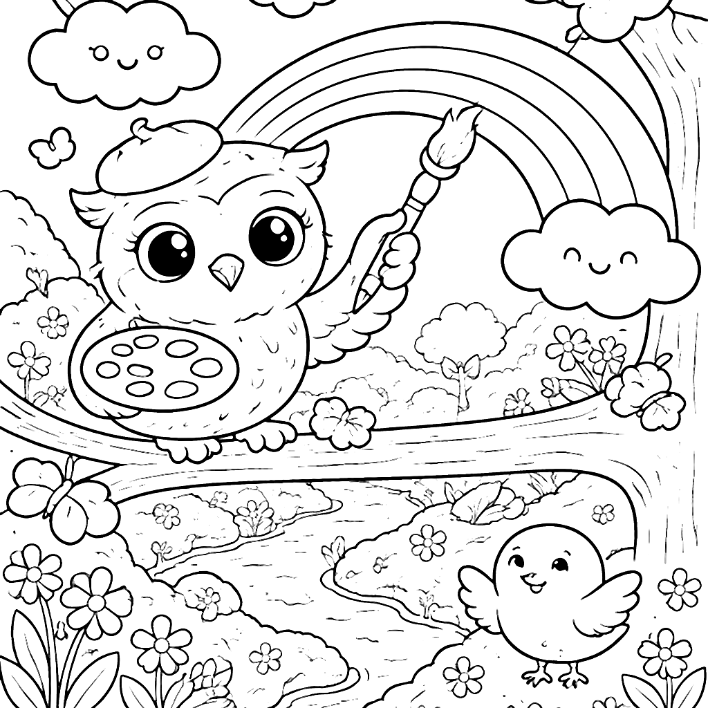 Coloring Page of a Wise Owl Painting a Rainbow – ภาพระบายสี พิมพ์
