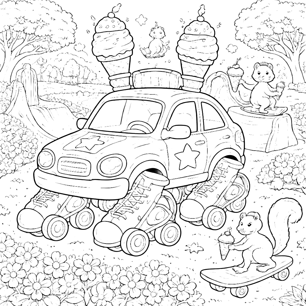 รถตำรวจสเก็ตโรลเลอร์กับไอศกรีม – ภาพระบายสี พิมพ์