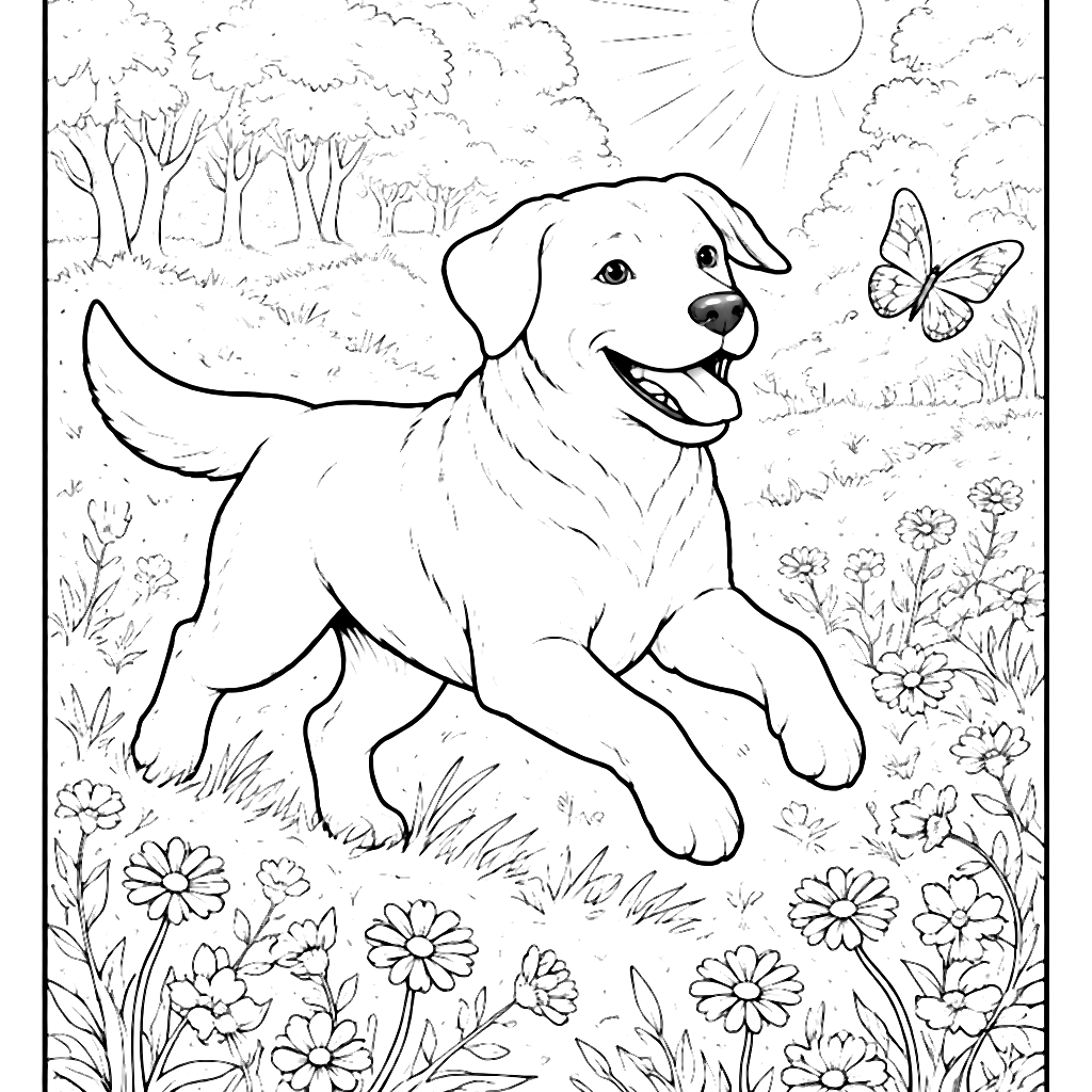 Labrador Retriever ile Kelebek Peşinde – Boyama Sayfası – boyalama sayfası yazdır