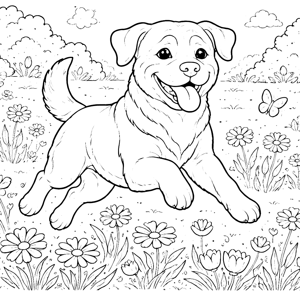 Hình ảnh Rottweiler đang vui đùa trong cánh đồng hoa – tranh tô màu in