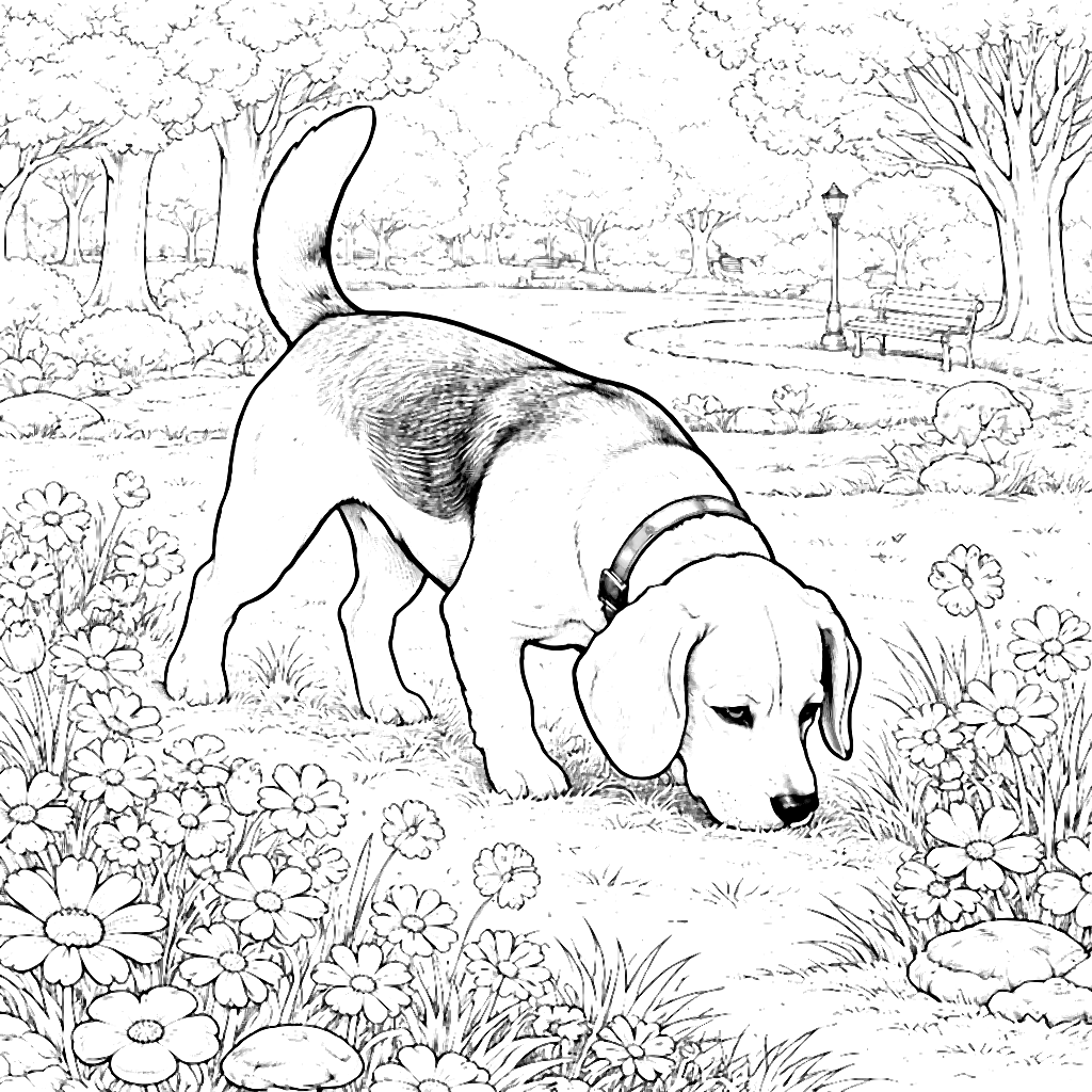 Trang tô màu Beagle trong công viên ánh nắng – tranh tô màu in