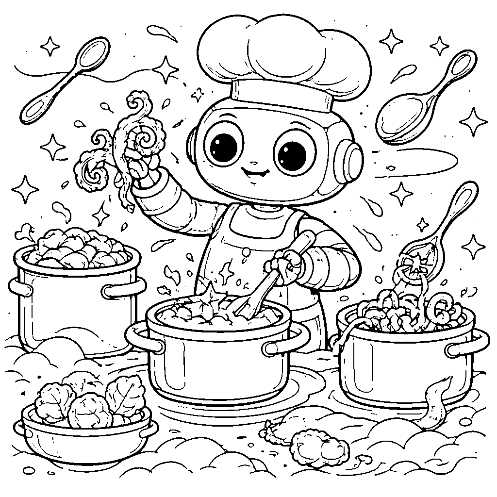 可爱的友好机器人厨师涂色页面