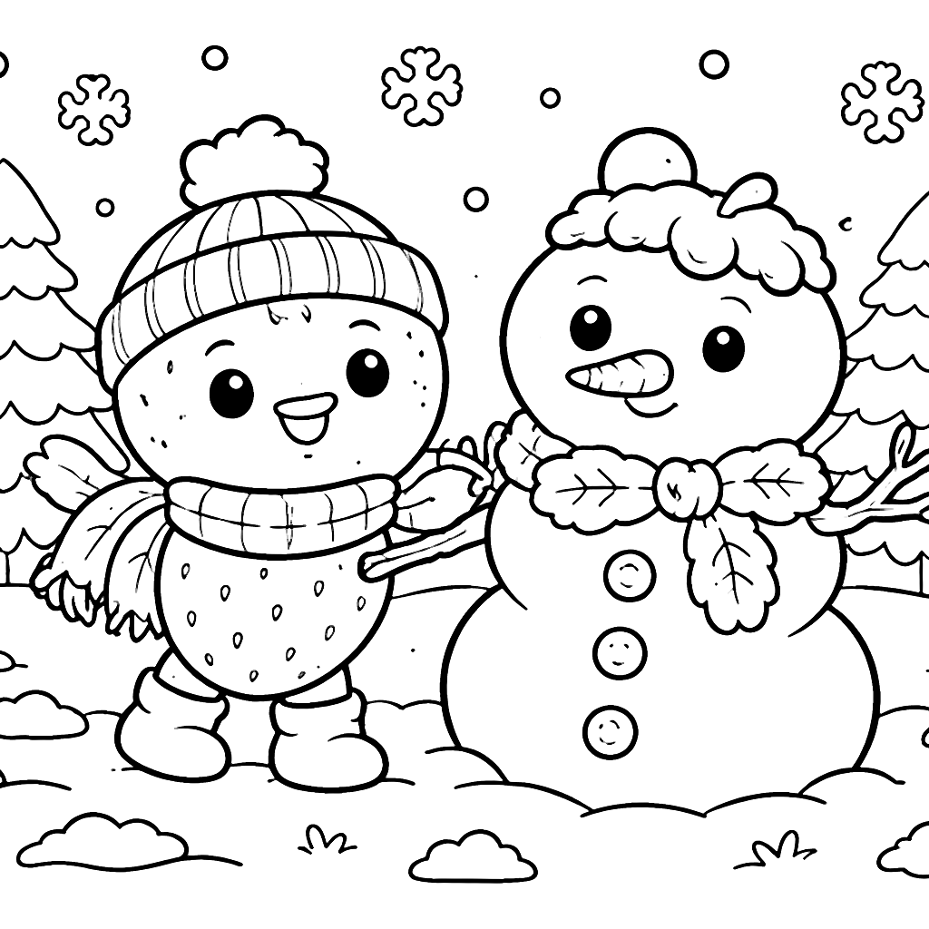 冬季奇观:草莓雪人涂色页 – 填色画 打印