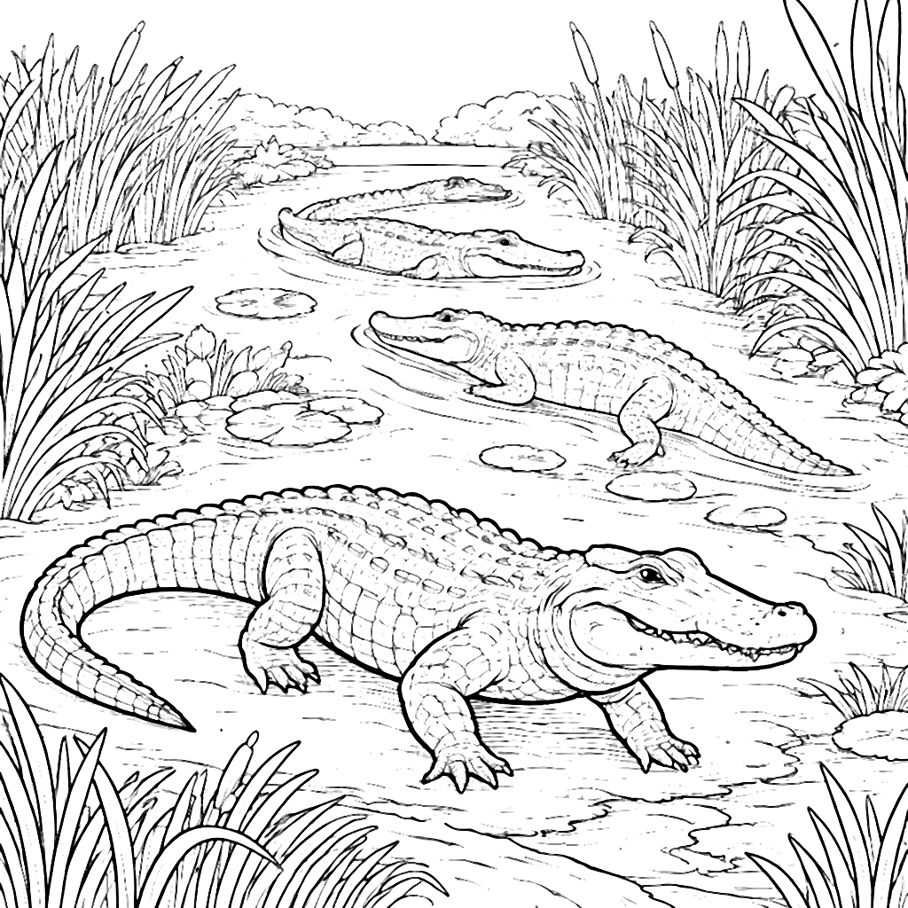 鳄鱼在湿地迁徙的涂色页 – 填色画 打印