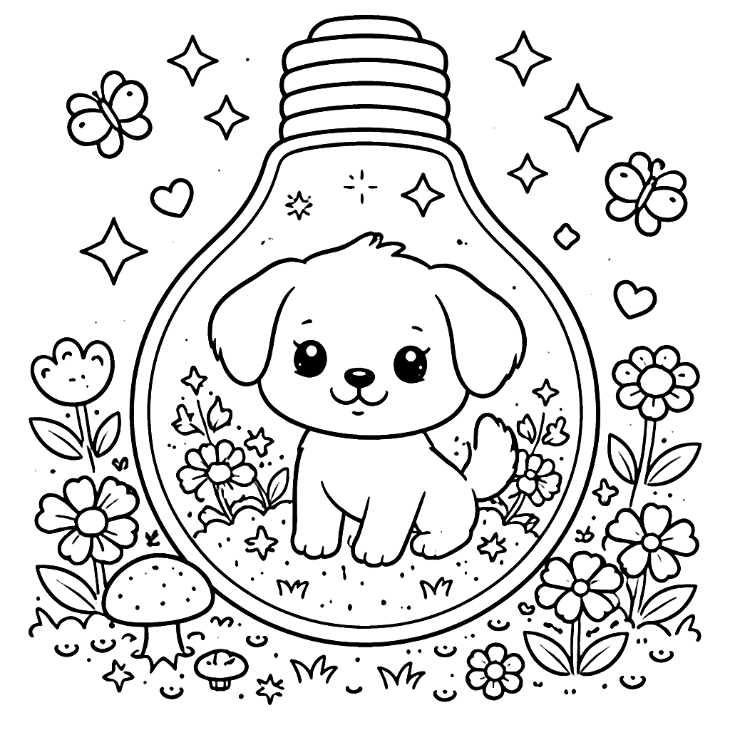 灯泡里的狗:奇幻花园涂色页 – 填色画 打印