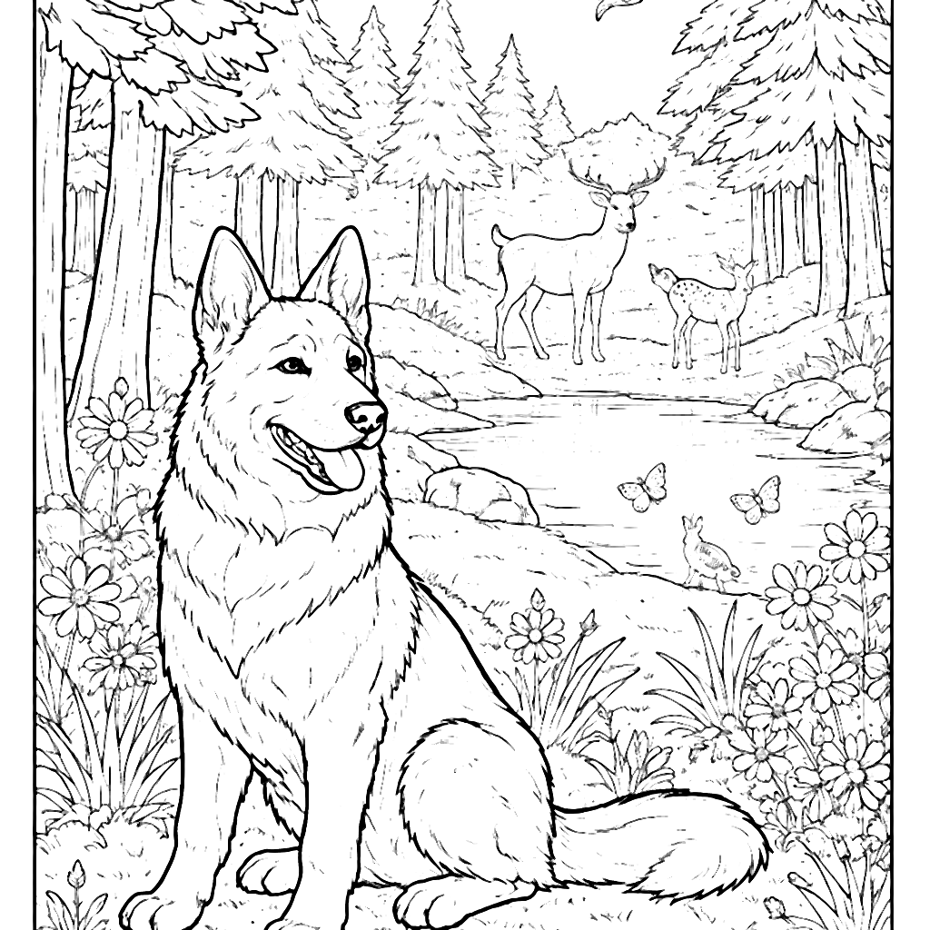 德国牧羊犬在森林中的野生动物观察彩色页 – 填色画 打印