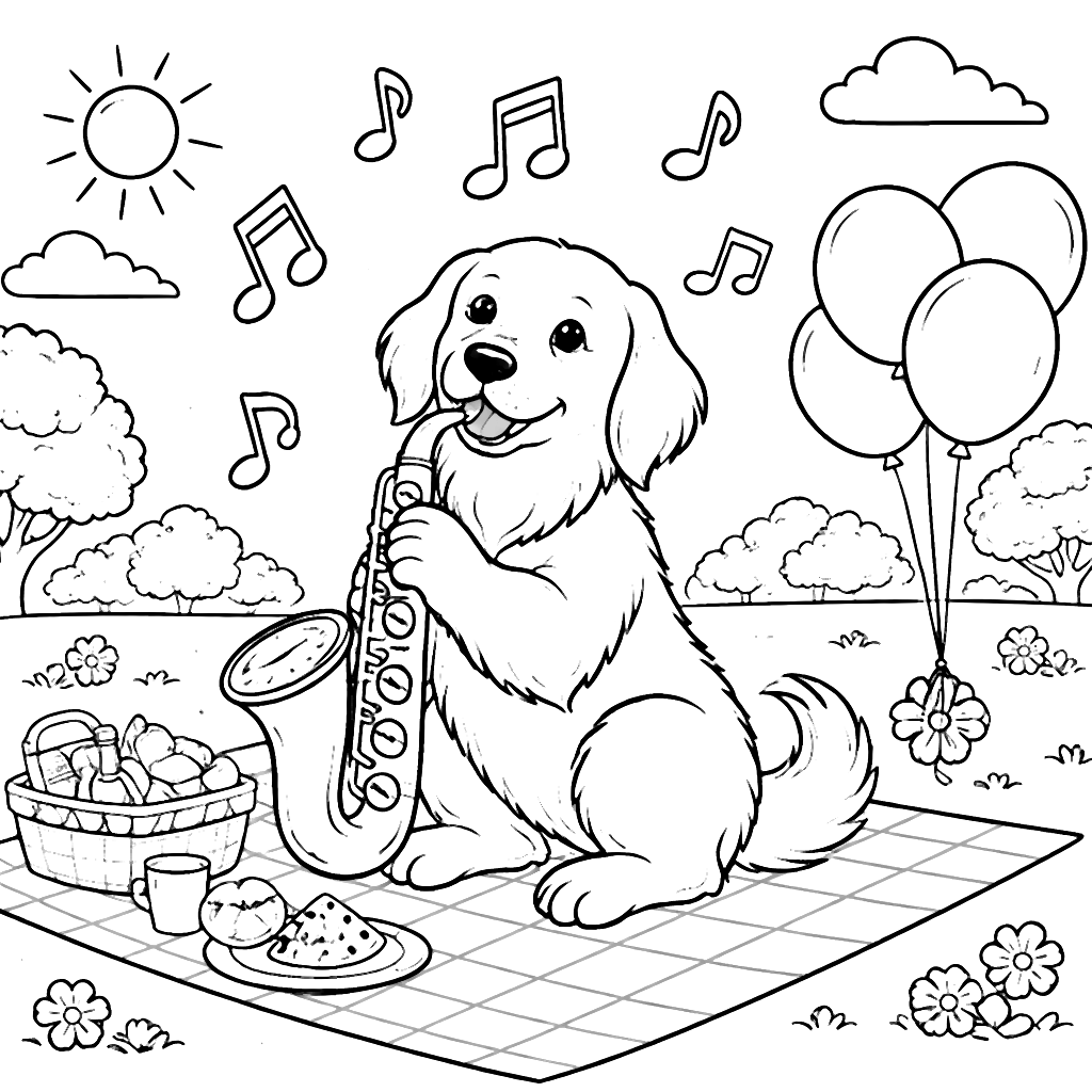 金毛寻回犬在阳光下演奏萨克斯风的涂色页