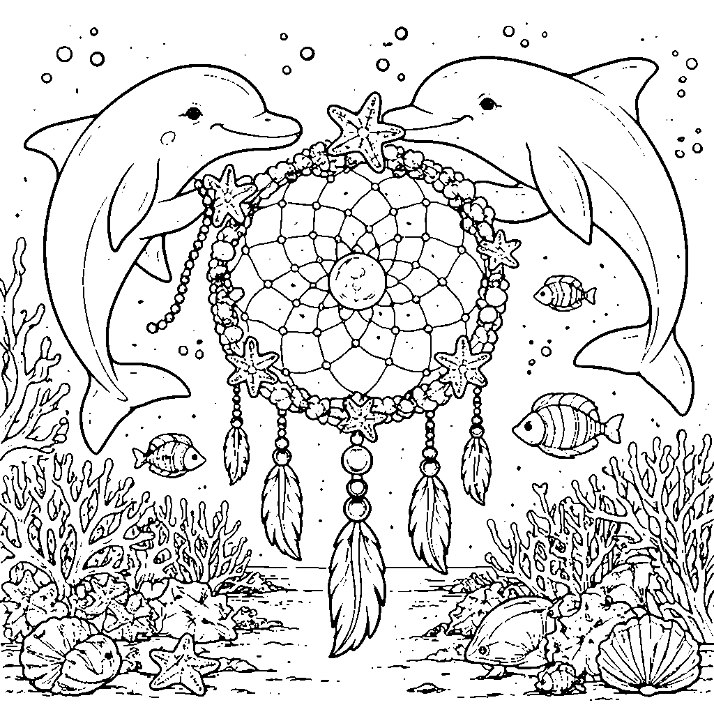 海豚梦捕手涂色页 – 填色画 打印