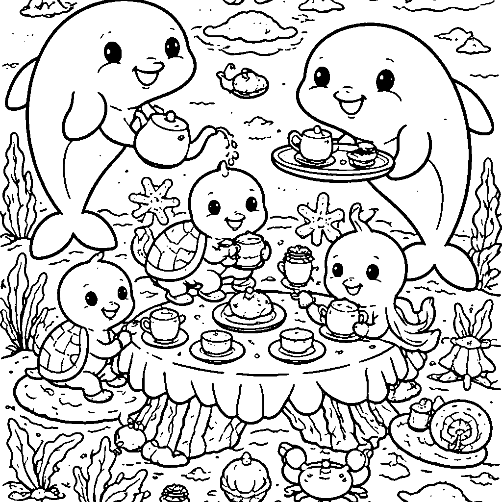 海豚水下茶会涂色页