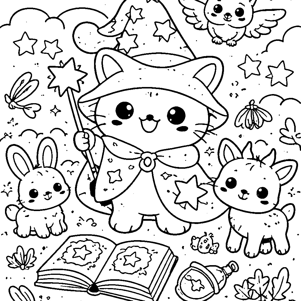 魔法猫涂色页 – 填色画 打印