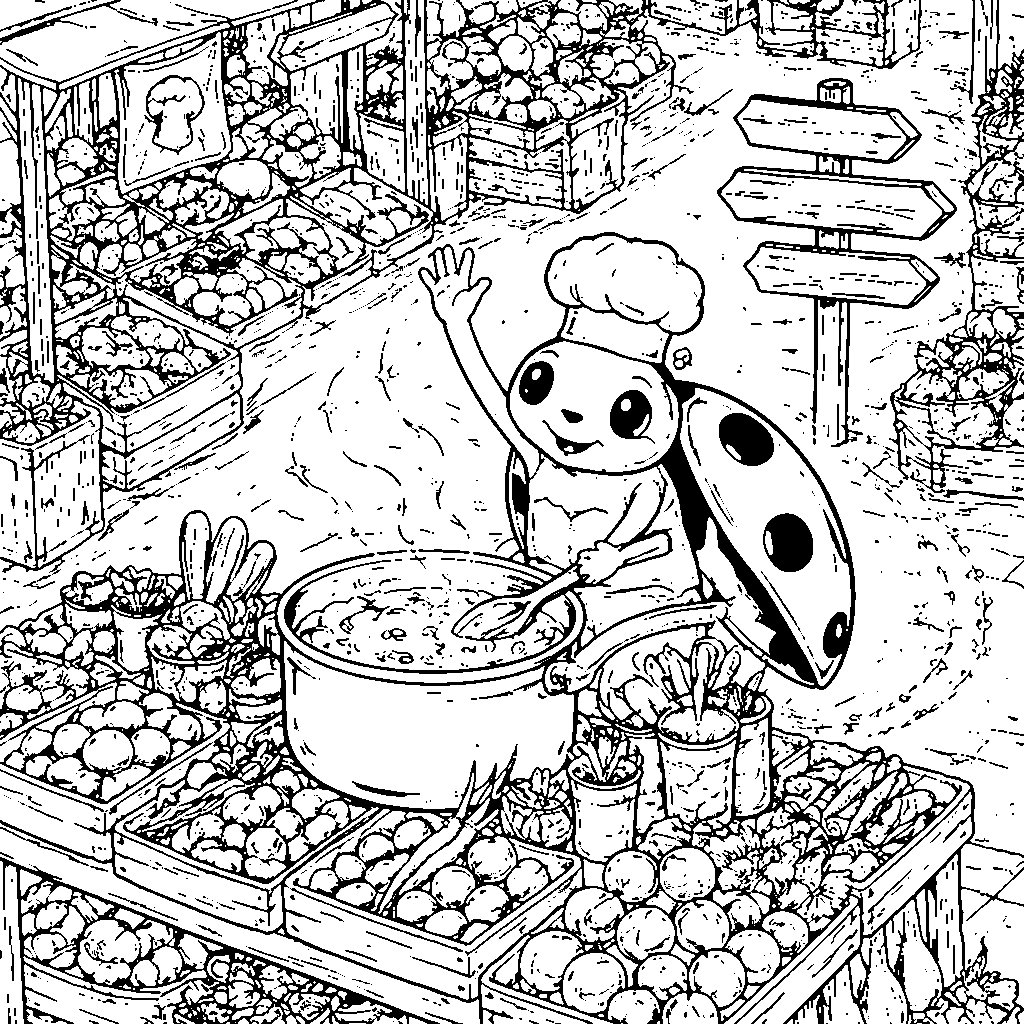 热闹的美食市场涂色页 – 填色画 打印