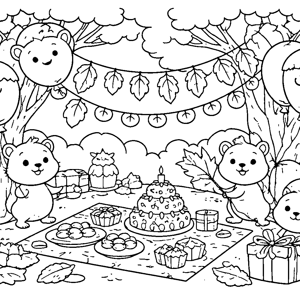 松鼠惊喜生日派对涂色页
