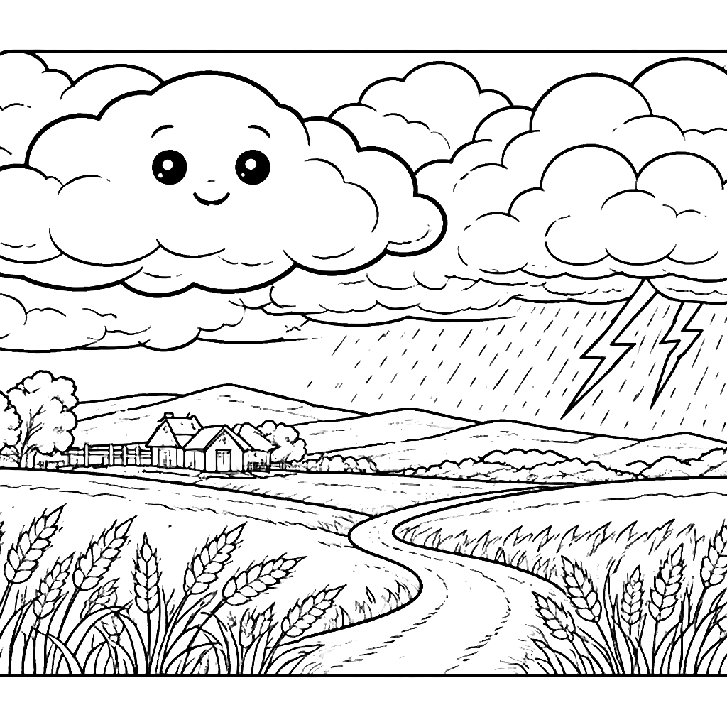 天气涂色页:乌云即将来临的乡村景象 – 填色画 打印