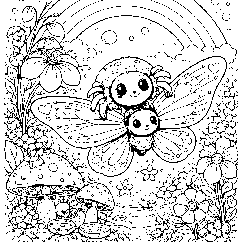 友好的蜘蛛与魔法森林探险涂色页 – 填色画 打印