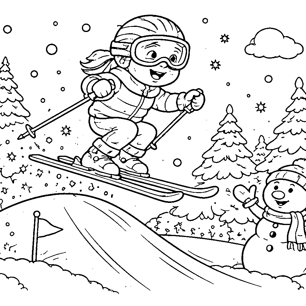 年轻滑雪者跳过障碍 – 填色画 打印