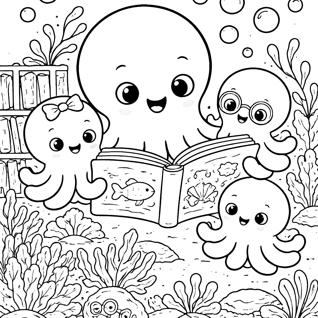 友善章魚家庭的著作閱讀彩色頁 – 著色畫 列印