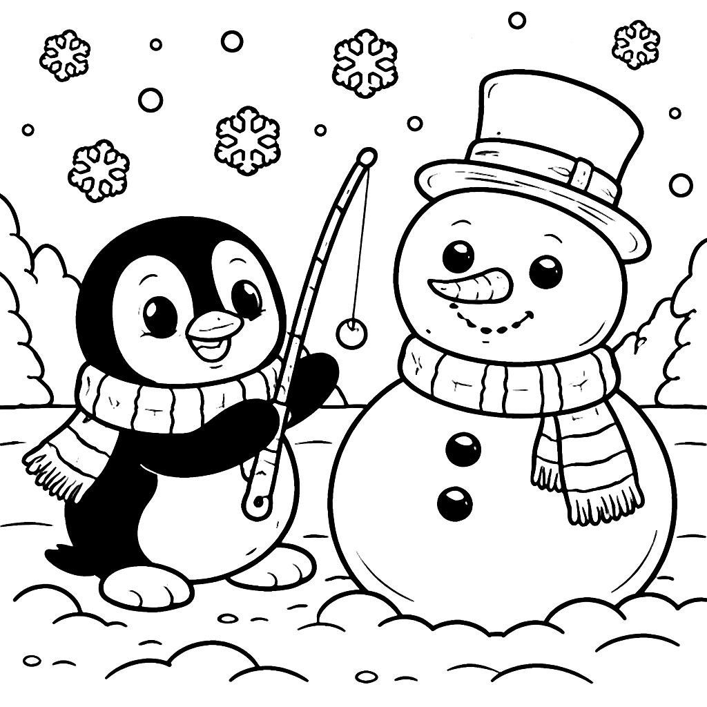 可愛的企鵝與雪人 - 上色頁面 – 著色畫 列印