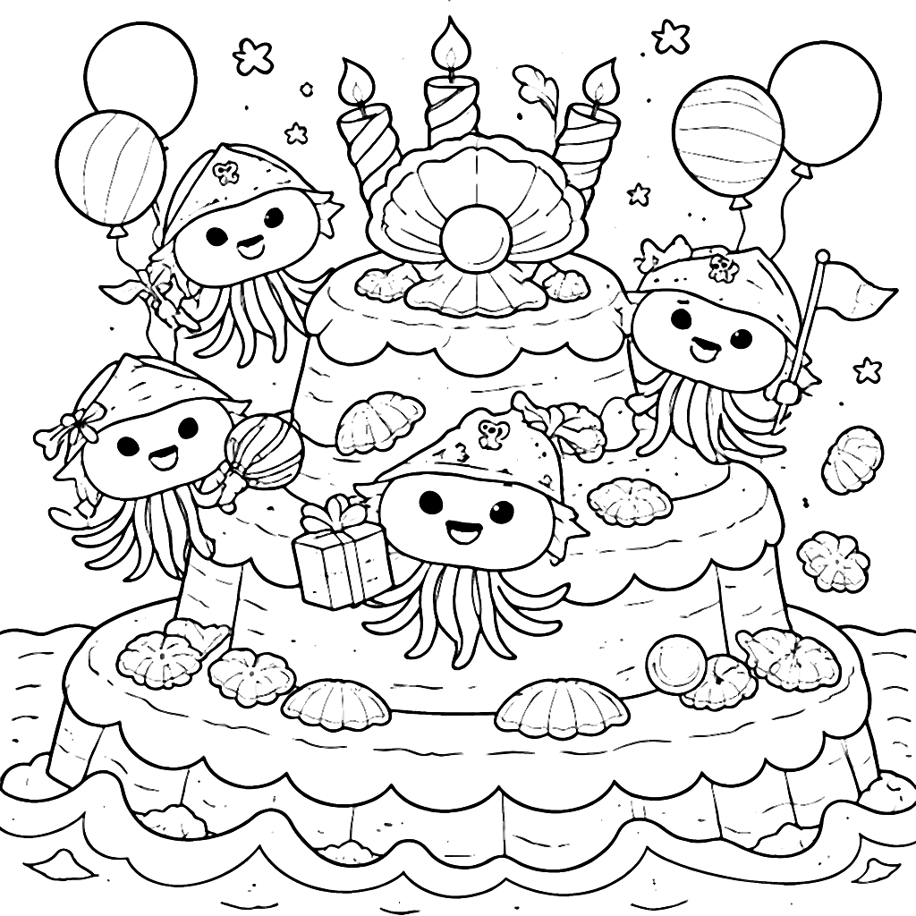 調皮的海盜水母舞會著生日派對 – 著色畫 列印