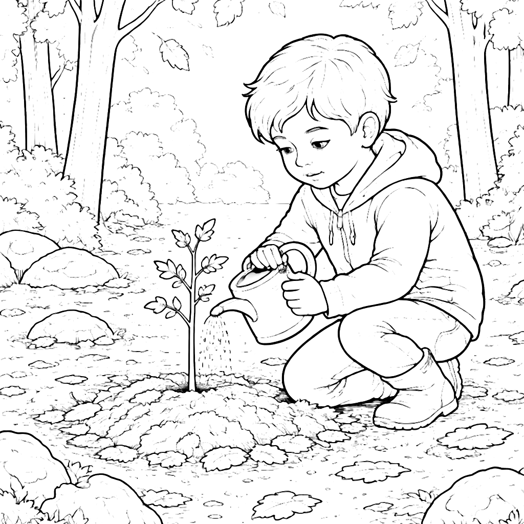 秋天的著色頁:呵護幼樹的森林空地 – 著色畫 列印