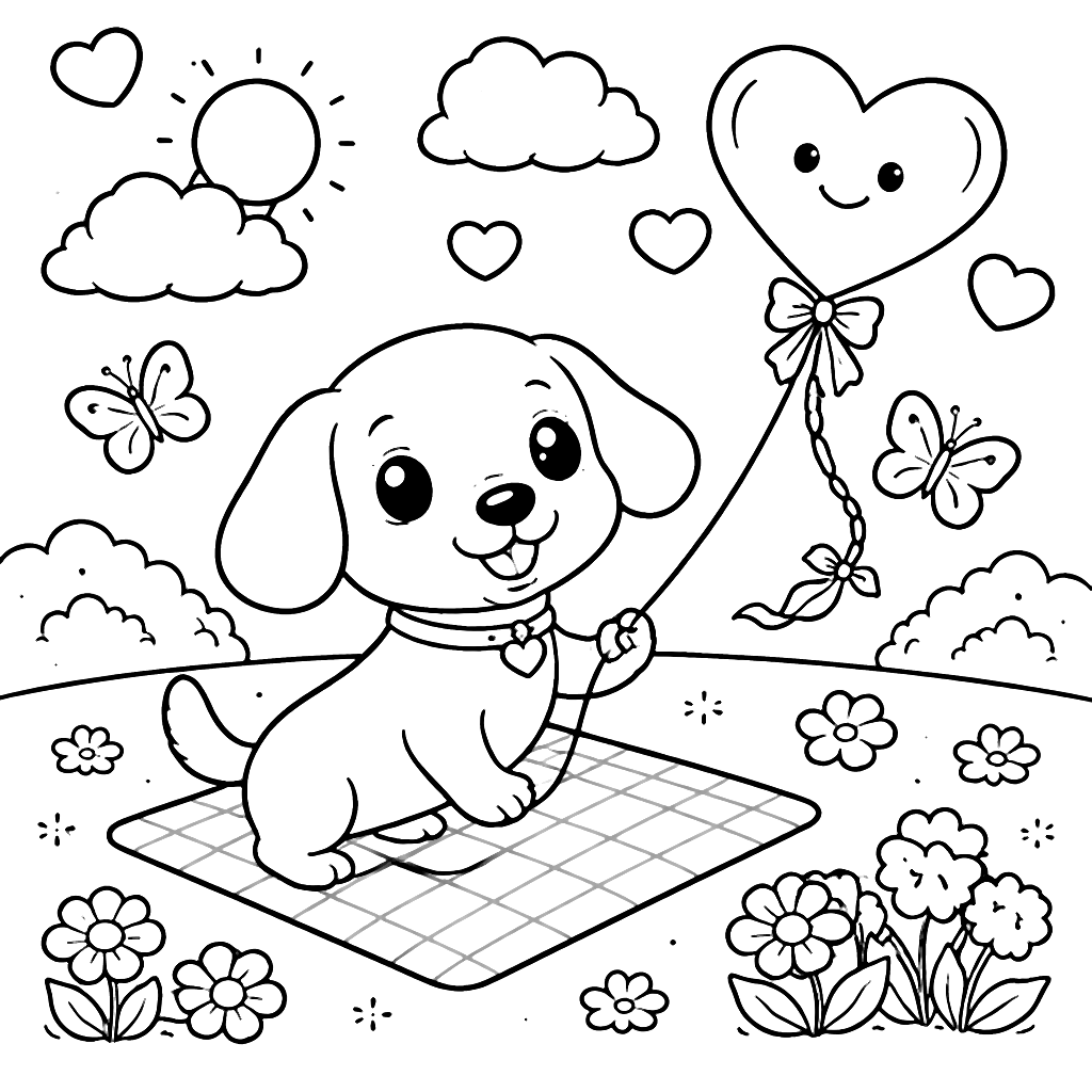 可愛的臘腸犬在公園放心形風箏的塗色頁