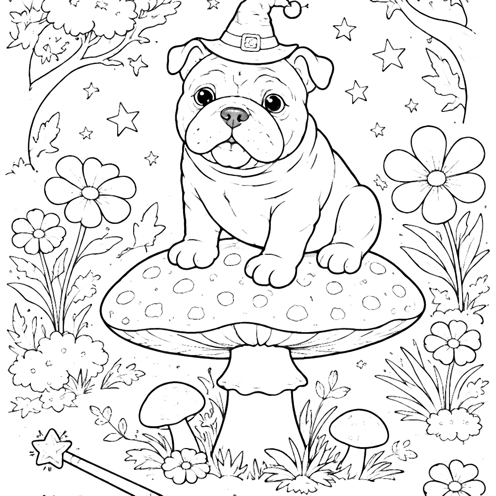 可愛的英國鬥牛犬與奇幻森林著色頁