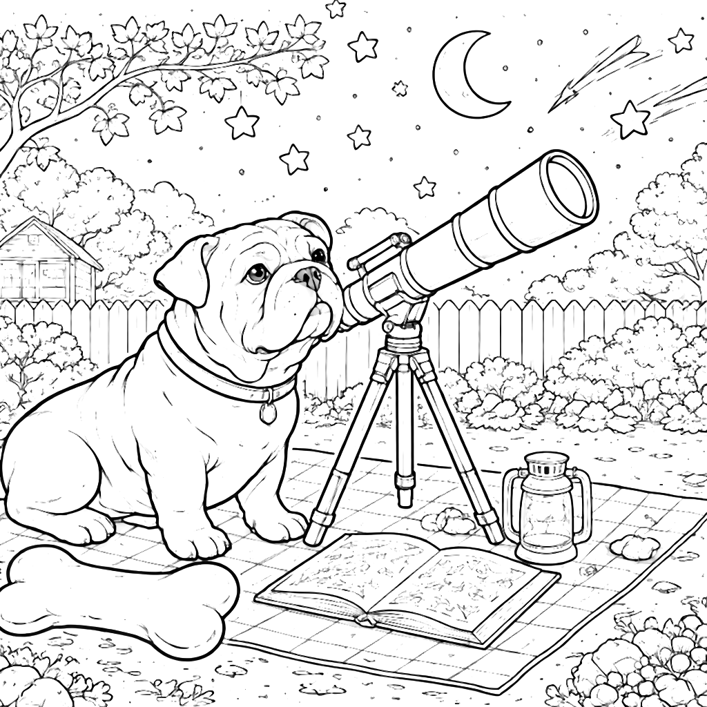 可愛的英國鬥牛犬在星空下觀星