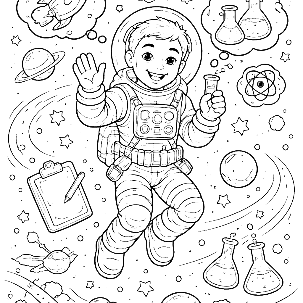 友善的太空科學家著色頁 – 著色畫 列印