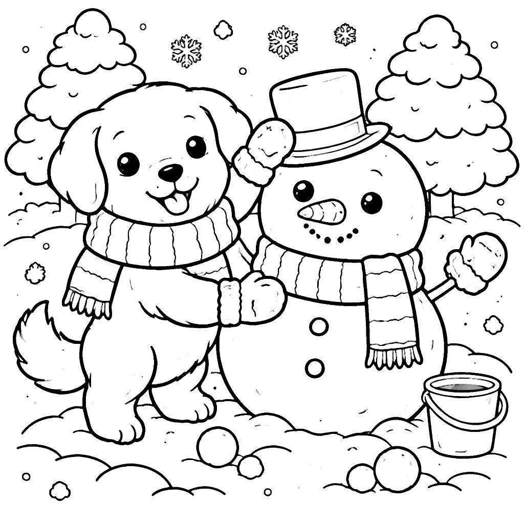 可愛金毛尋回犬與雪人一起玩樂的塗鴉頁